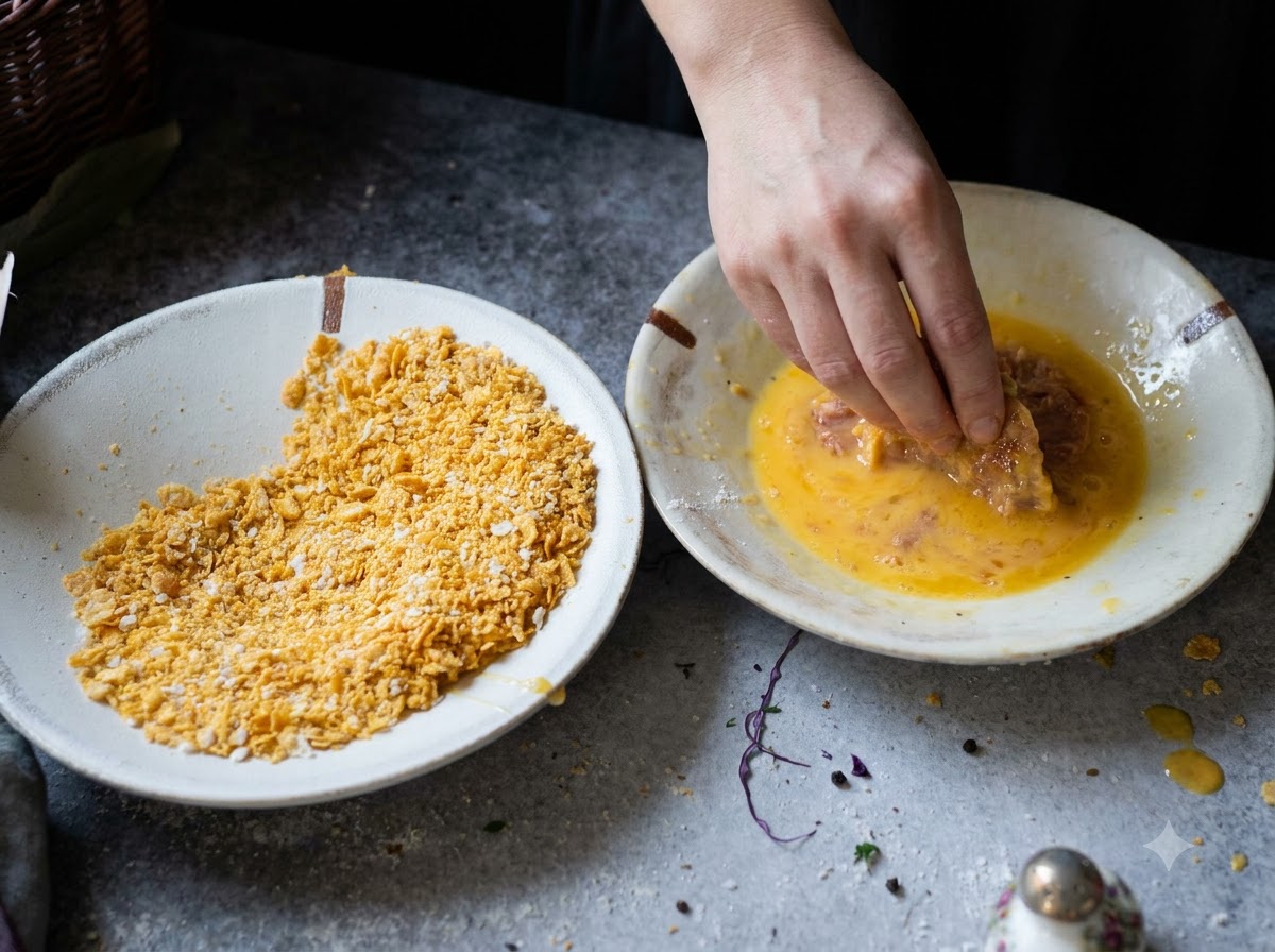 Eine Hand taucht ein Hähnchen-Patty in eine Schüssel mit verquirlten gelben Eiern neben einer Schüssel mit zerkleinerten Cornflakes.