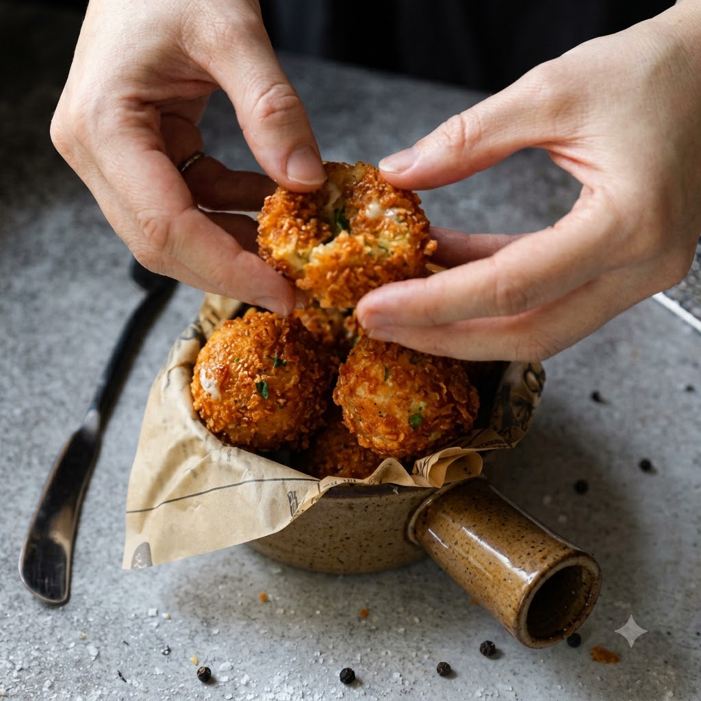 Hände ziehen ein knusprig frittiertes Kartoffelbällchen auseinander, um den dehnbaren geschmolzenen Käse in der Mitte zu enthüllen.