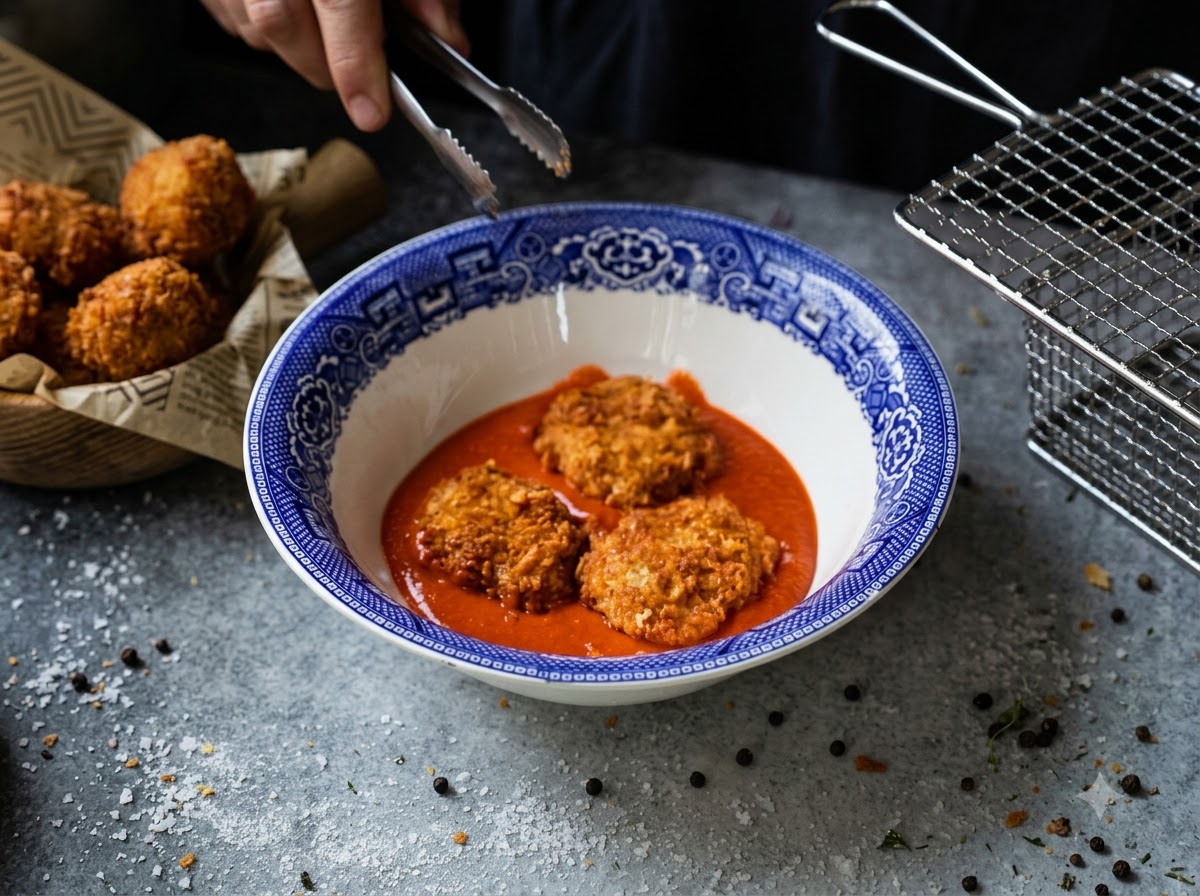 Frittierte Hähnchen-Patties werden in leuchtend roter Buffalo-Sauce in einer blau gemusterten Schüssel geschwenkt.