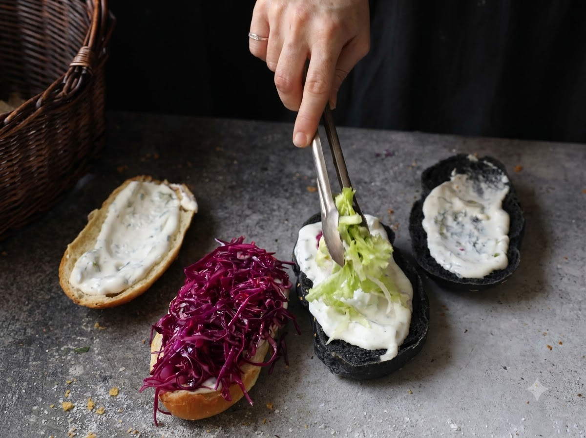 Eine Zange legt zerkleinerten Salat auf eine mit weißer Sauce bestrichene Bun-Hälfte, neben einer Bun-Hälfte mit Rotkohl.