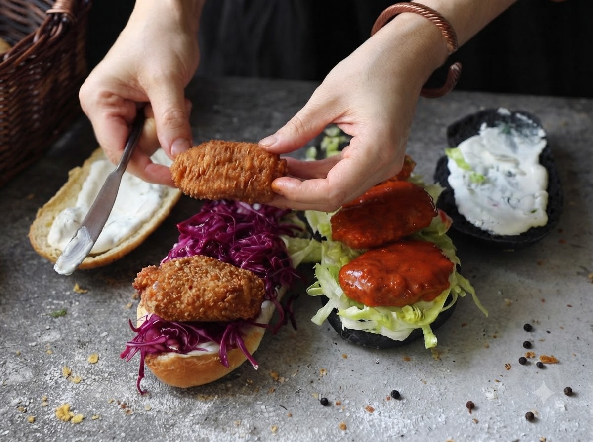 Hände legen ein mit Buffalo-Sauce überzogenes Hähnchen-Patty auf ein mit Rotkohl und Salat belegtes Sandwich.