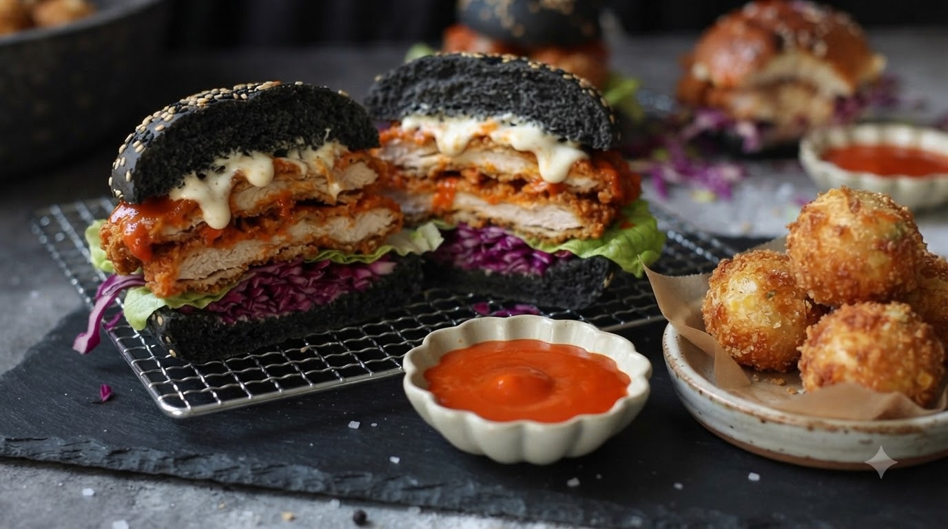 Ein aufgeschnittenes Hähnchen-Sandwich im schwarzen Bun, geschichtet mit Rotkohl, Salat und Buffalo-Chicken, serviert mit einer Schüssel scharfer Sauce und knusprig frittierten Käsebällchen.