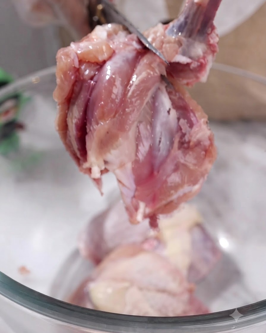 Mit Handschuhen bekleidete Hände schneiden mit einer Küchenschere Knochen aus rohem Hähnchenfleisch über einer Glasschüssel heraus.
