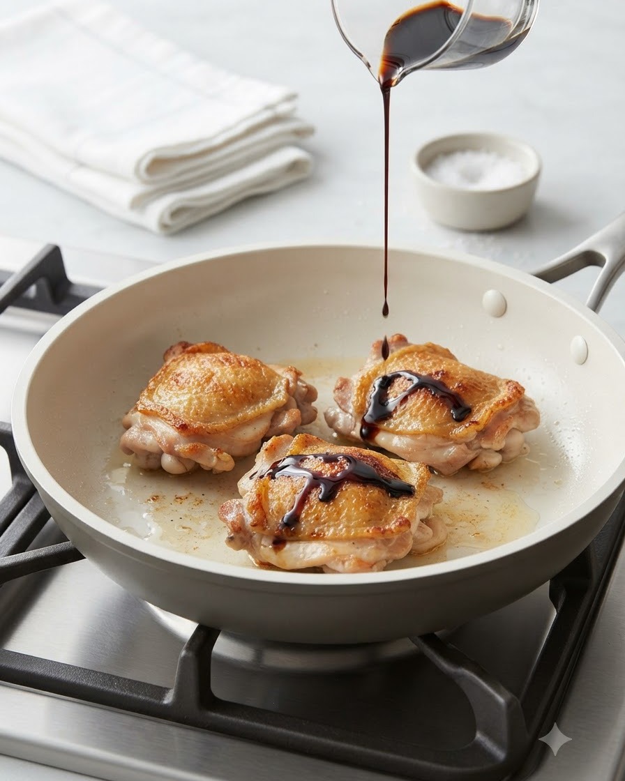 Dunkle Teriyaki-Soße wird aus einer kleinen Kanne über Hähnchenstücke in einer Pfanne gegossen.