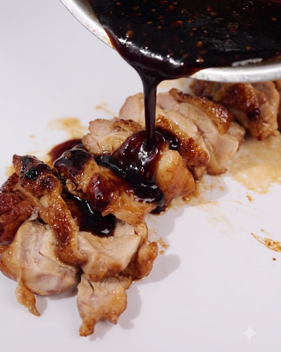 Dunkle Teriyaki-Soße wird aus einer Pfanne direkt auf geschnittenes Hähnchen auf einem weißen Teller gegossen.