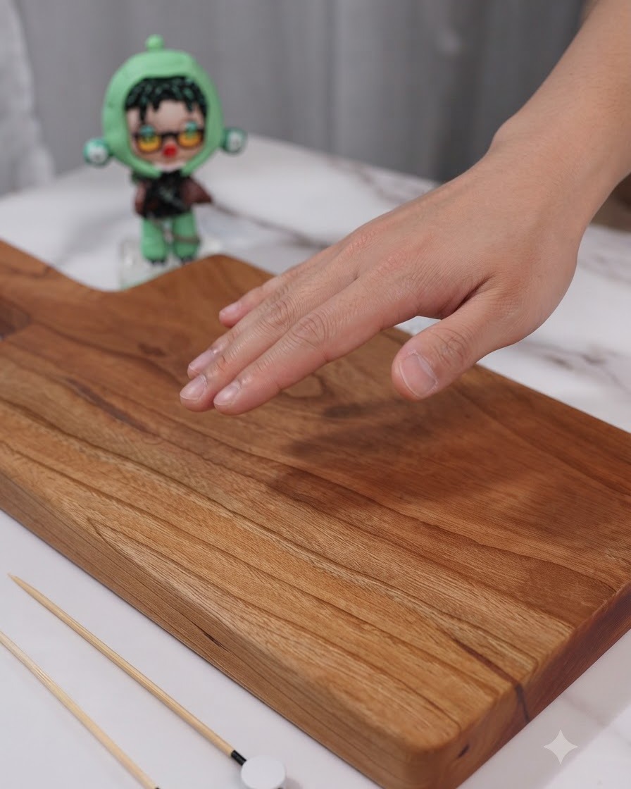 Ein sauberes Holzschneidebrett mit Holzspießchen für den Zusammenbau eines Sandwiches vorbereitet.