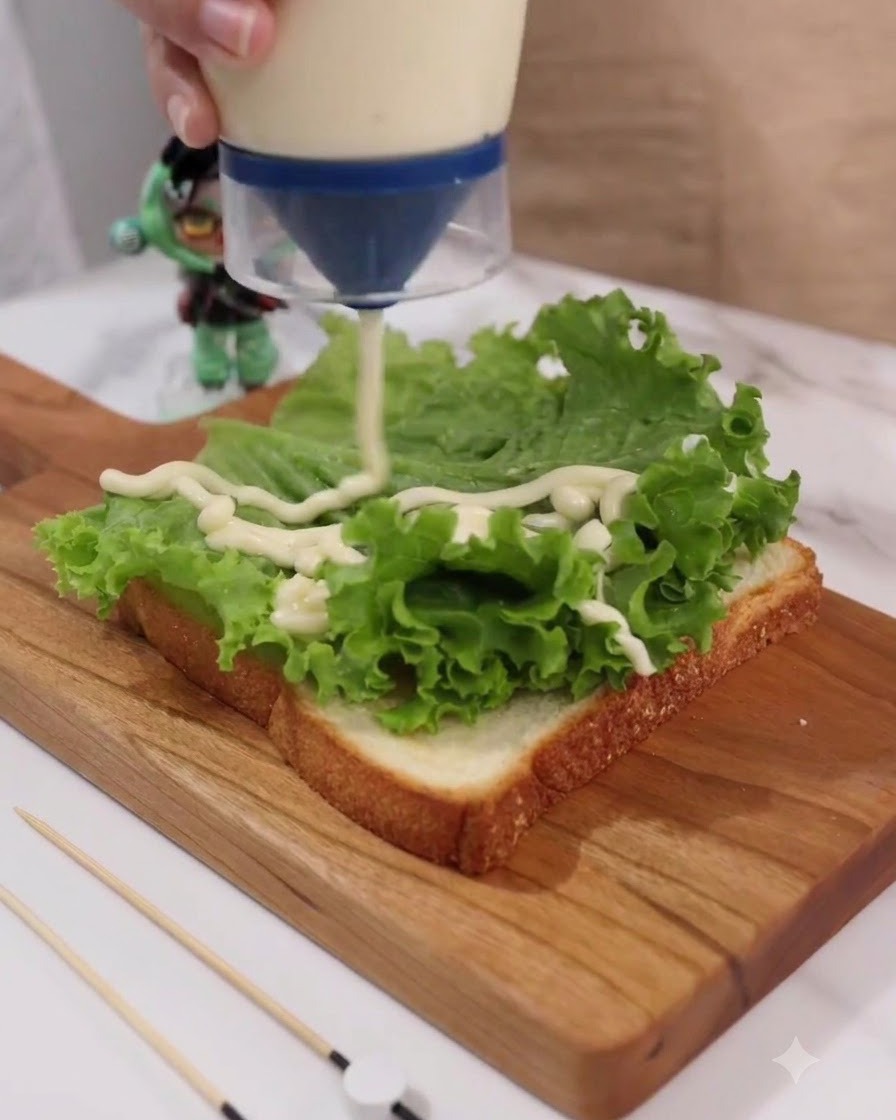 Mayonnaise wird aus einer Flasche in einer Zickzacklinie über grünem Salat auf einer Toastscheibe gedrückt.