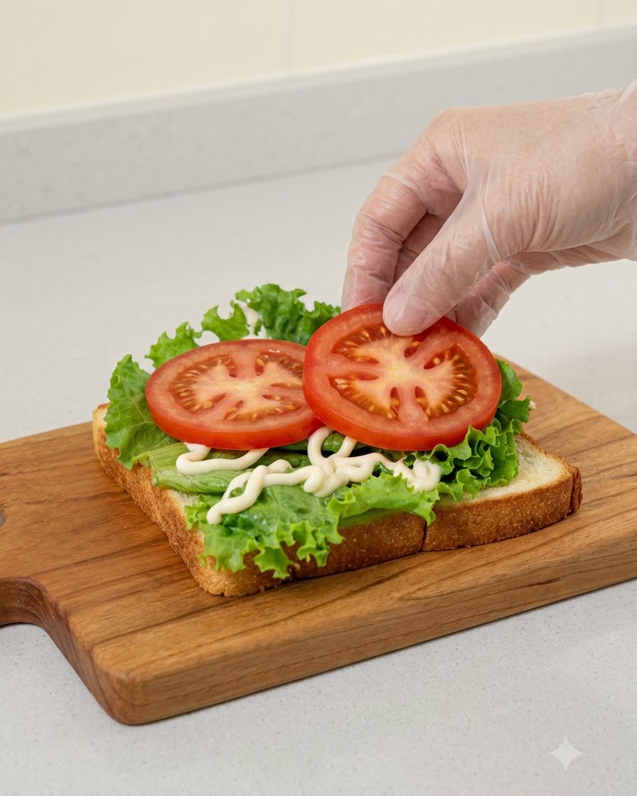 Eine mit Handschuhen bekleidete Hand legt zwei runde Scheiben roter Tomate auf die Salatschicht des Sandwiches.