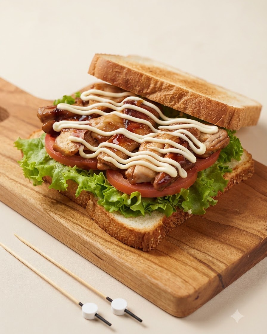 Nahaufnahme einer Hähnchen-Sandwichschicht mit einem Zickzackmuster aus weißer Mayonnaise über glasiertem Teriyaki-Hähnchen.