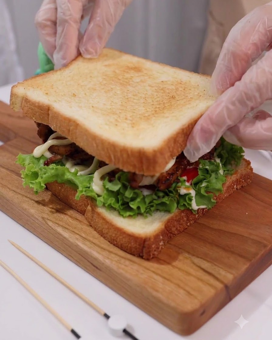 Hände in durchsichtigen Handschuhen legen vorsichtig eine Scheibe goldbraunen Toast auf das zusammengesetzte Sandwich.