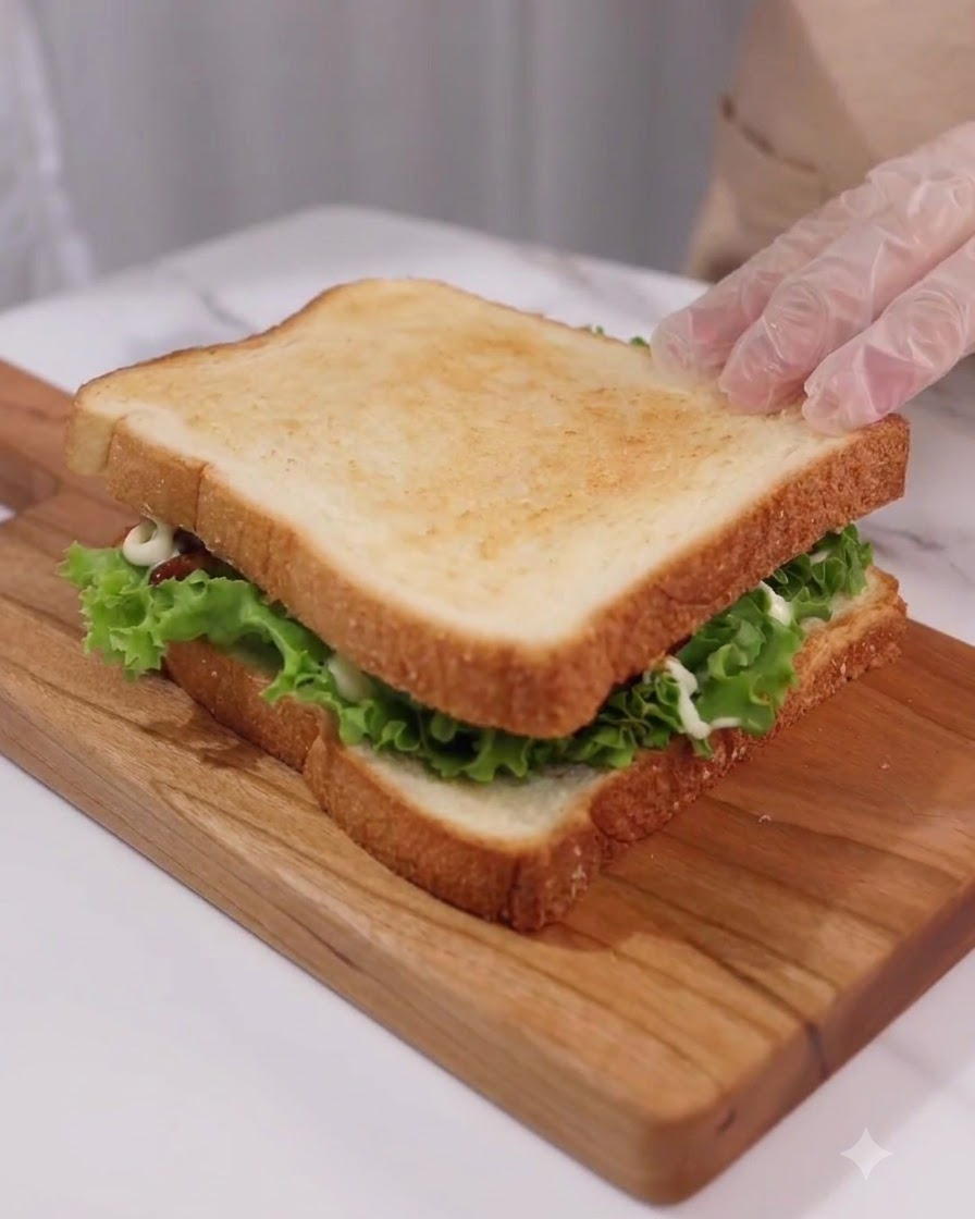 Zwei Zahnstocher werden in die obere Schicht eines fertigen Toast-Sandwiches auf einem Holzbrett gesteckt.