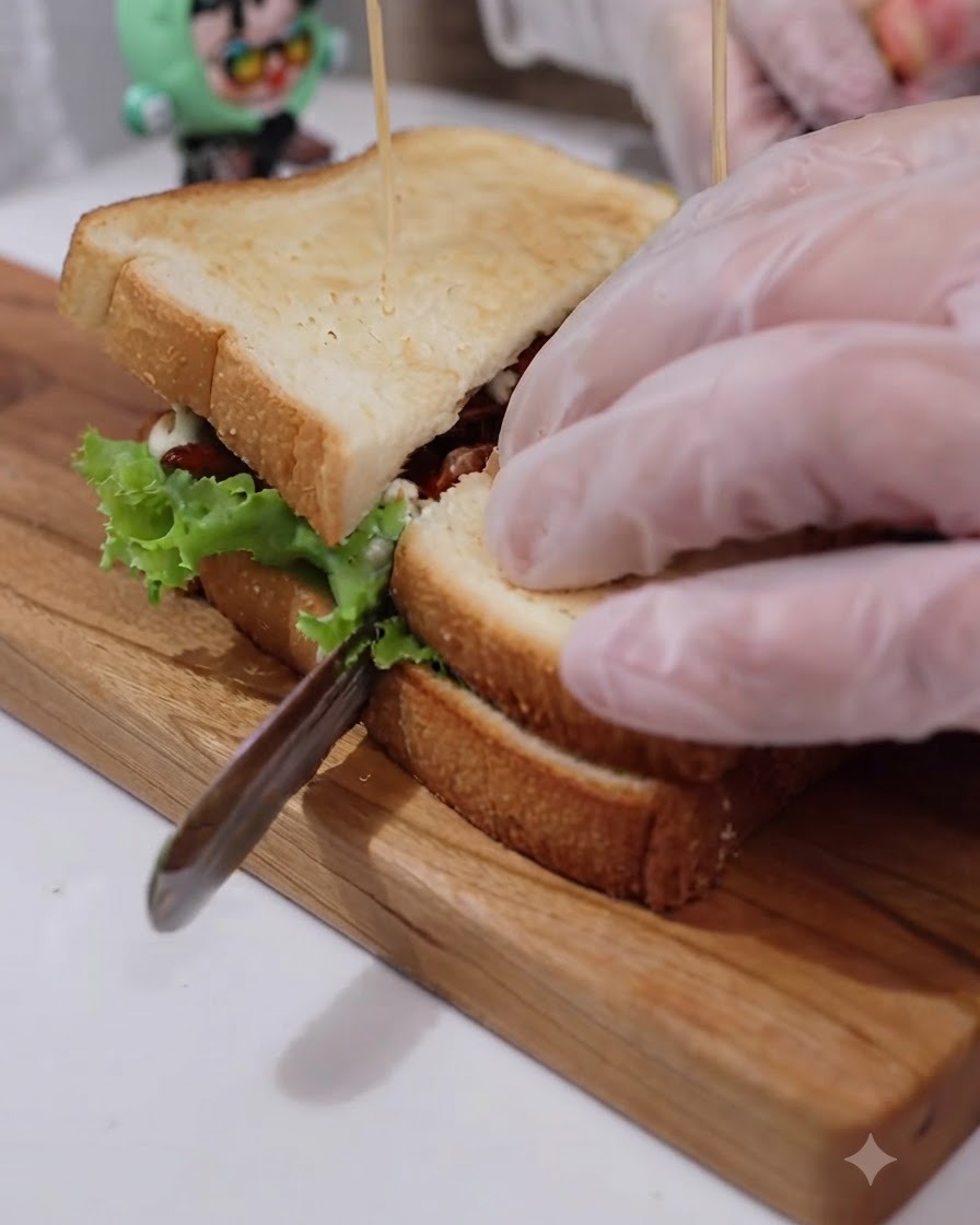 Ein Messer schneidet diagonal durch ein frisch zubereitetes Sandwich auf einem Holzschneidebrett.