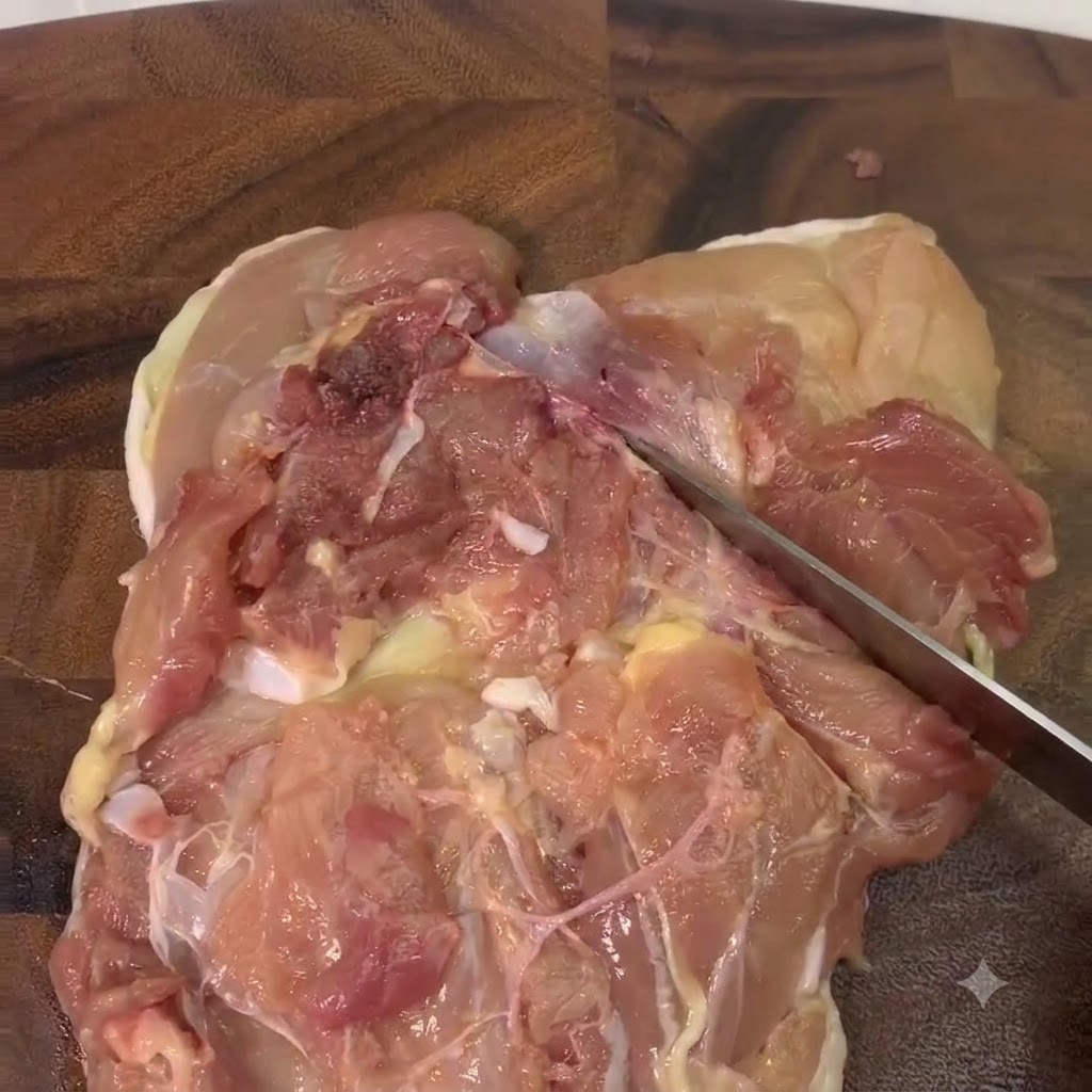 Nahaufnahme einer entbeinten Hähnchenkeule, die auf einem Holzbrett mit einem Messer eingeschnitten wird.