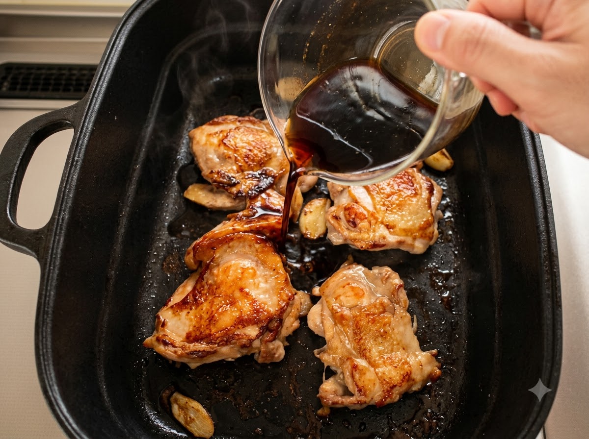 Eine Hand gießt aus einer Glasschüssel eine dunkle, reichhaltige Teriyaki-Sauce über goldbraun gebratene Hähnchenkeulen in einer schwarzen Pfanne.