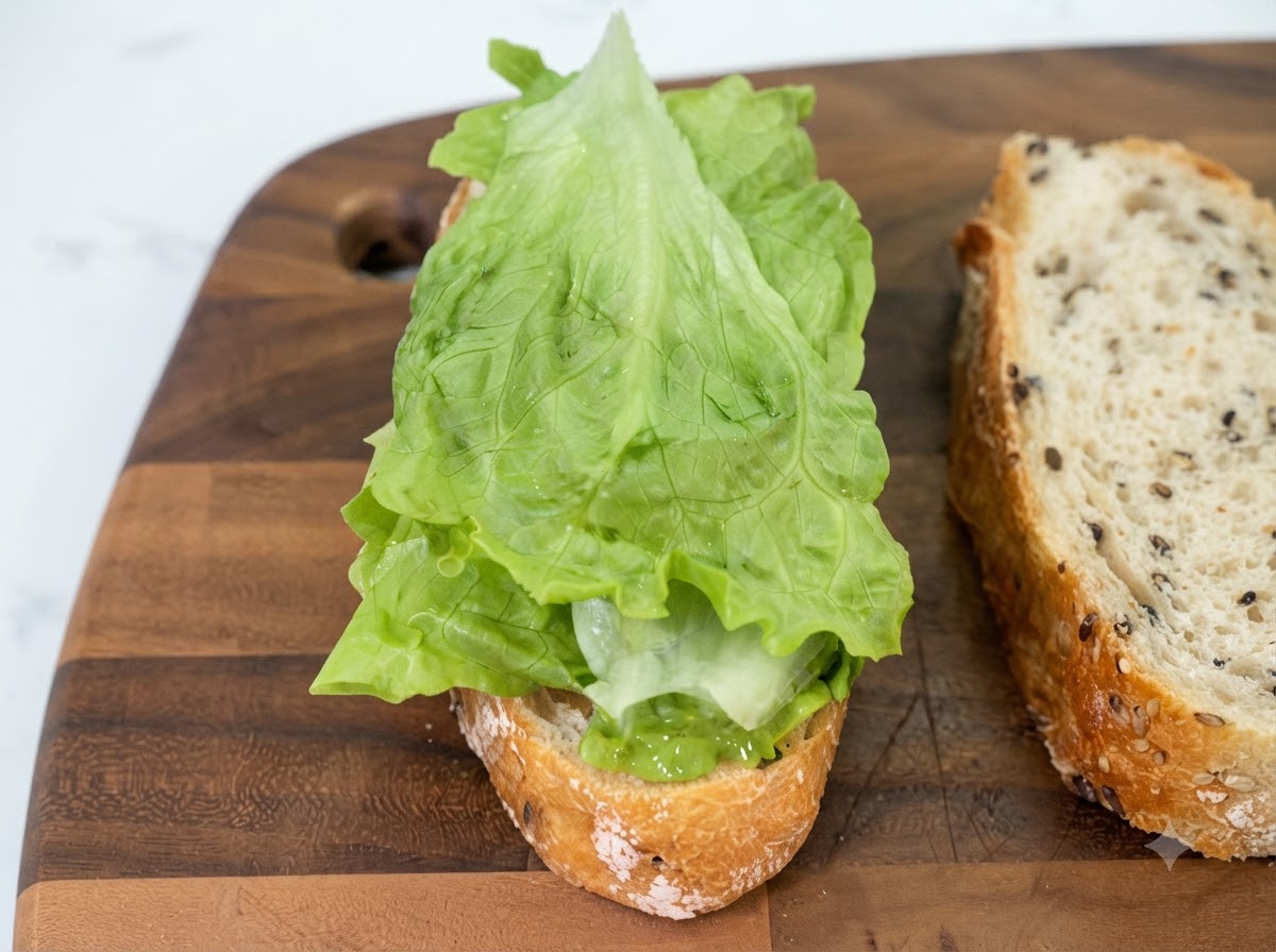 Leuchtend grüne, frische Salatblätter ordentlich gefaltet auf einer mit Senf bestrichenen Brotscheibe auf einem Holzbrett.