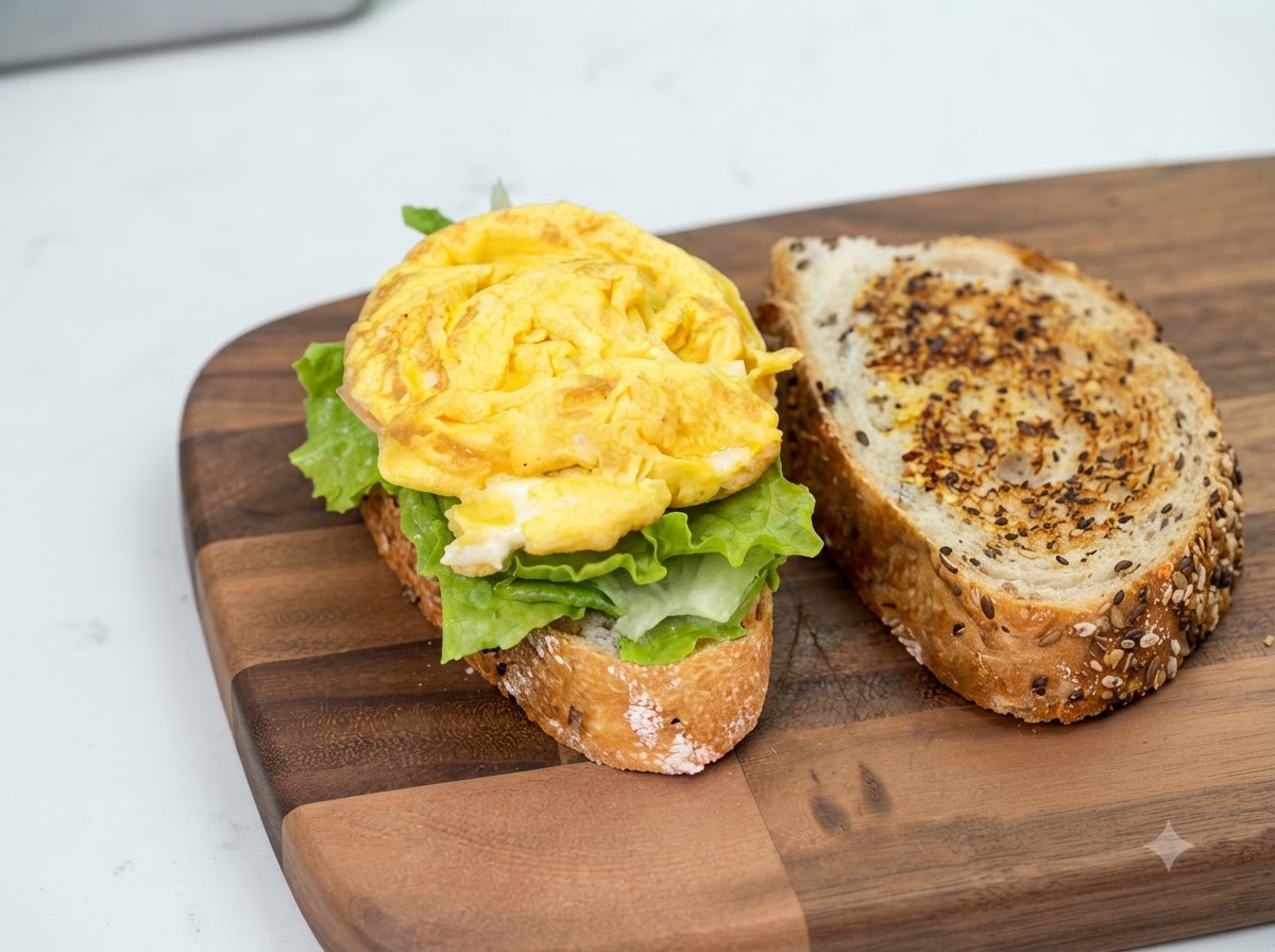 Ein frisch gebratenes, leicht zusammengefaltetes gelbes Spiegelei liegt auf frischem grünem Salat auf einer Scheibe Bauernbrot.
