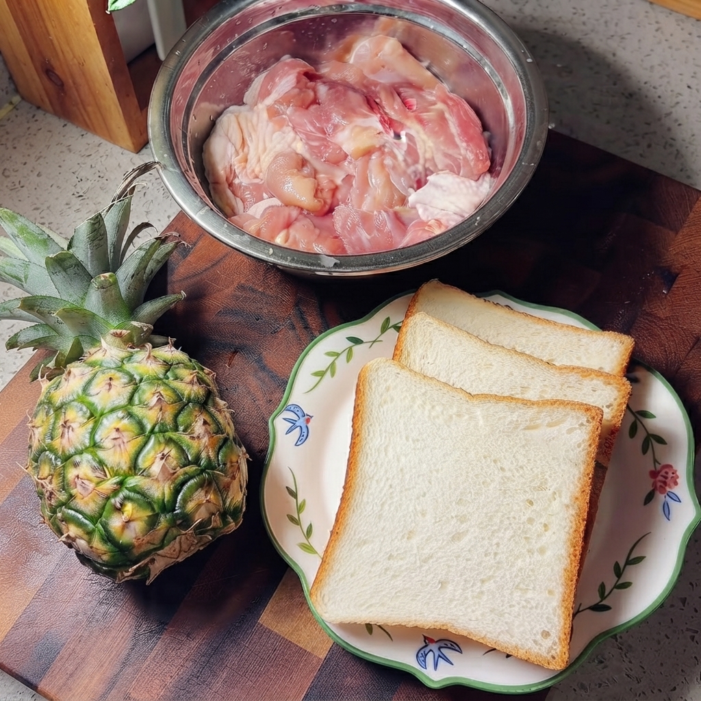 Rohe Hähnchenkeulen in einer Edelstahlschüssel, umgeben von einer Ananas und einem Teller mit Weißbrot.