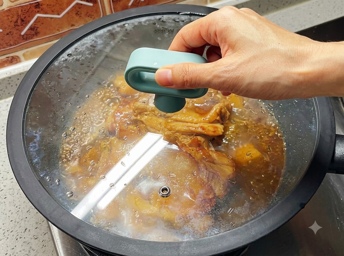 Eine Hand hält den Glasdeckel einer Pfanne, während das Hähnchen in einer blubbernden braunen Sauce köchelt.