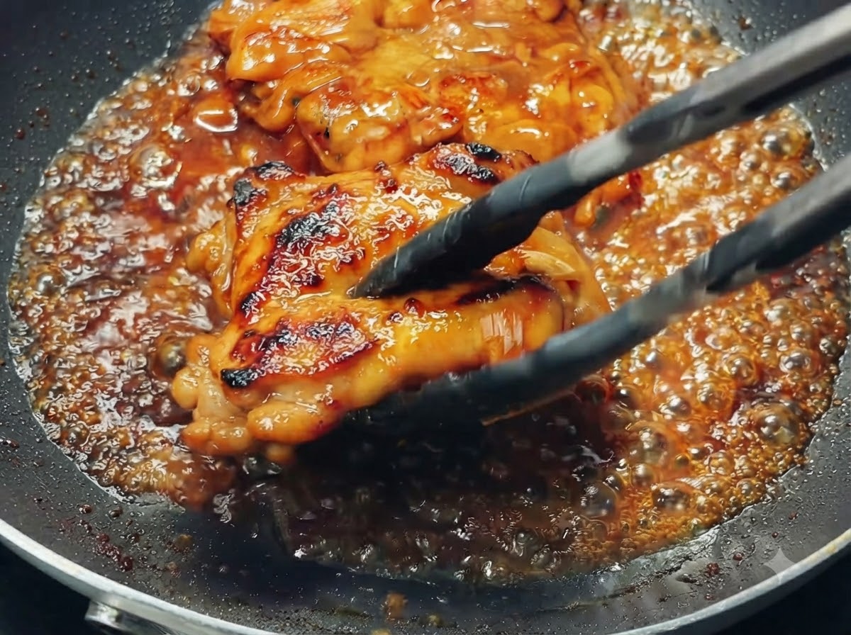 Eine Zange wendet eine glasierte Hähnchenkeule in einer Pfanne voller blubbernder brauner Teriyaki-Sauce.