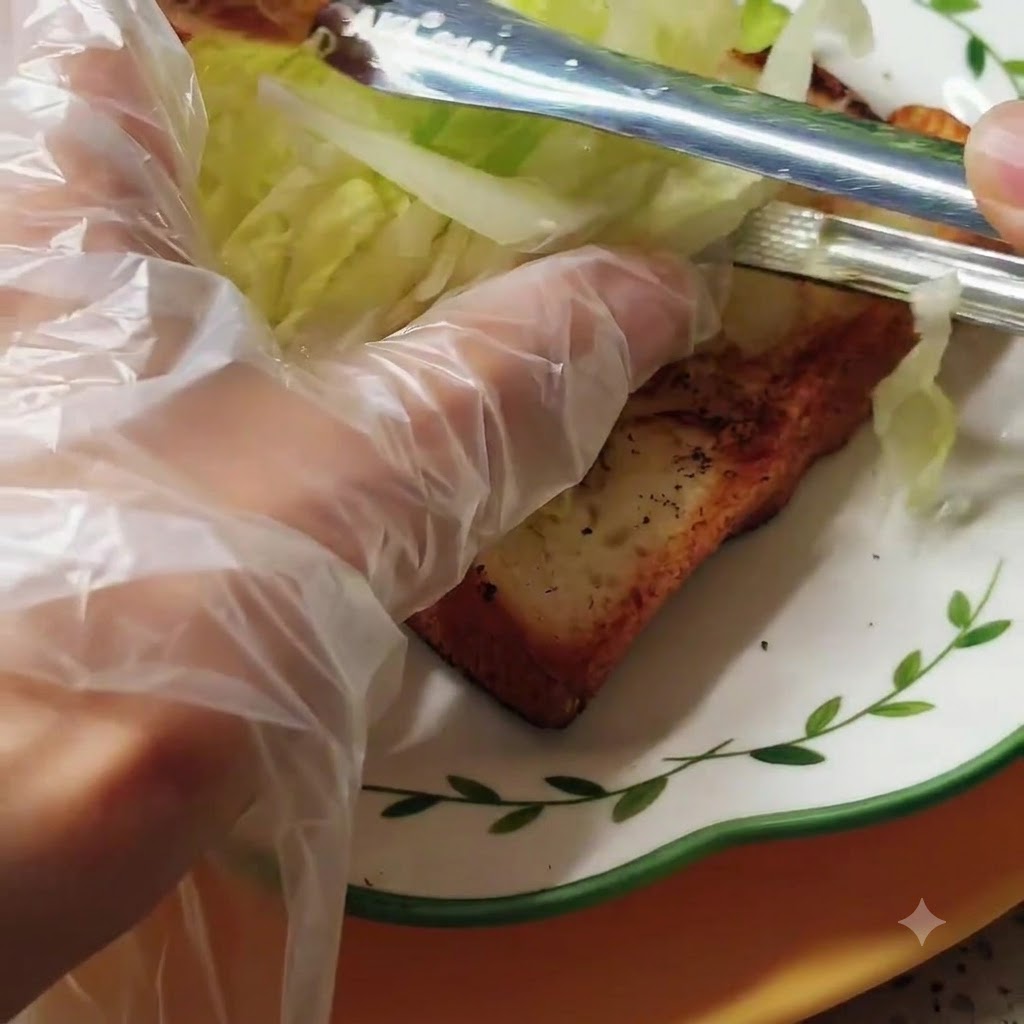 Eine Zange legt frischen, in Streifen geschnittenen Salat auf eine goldbraun getoastete Brotscheibe.