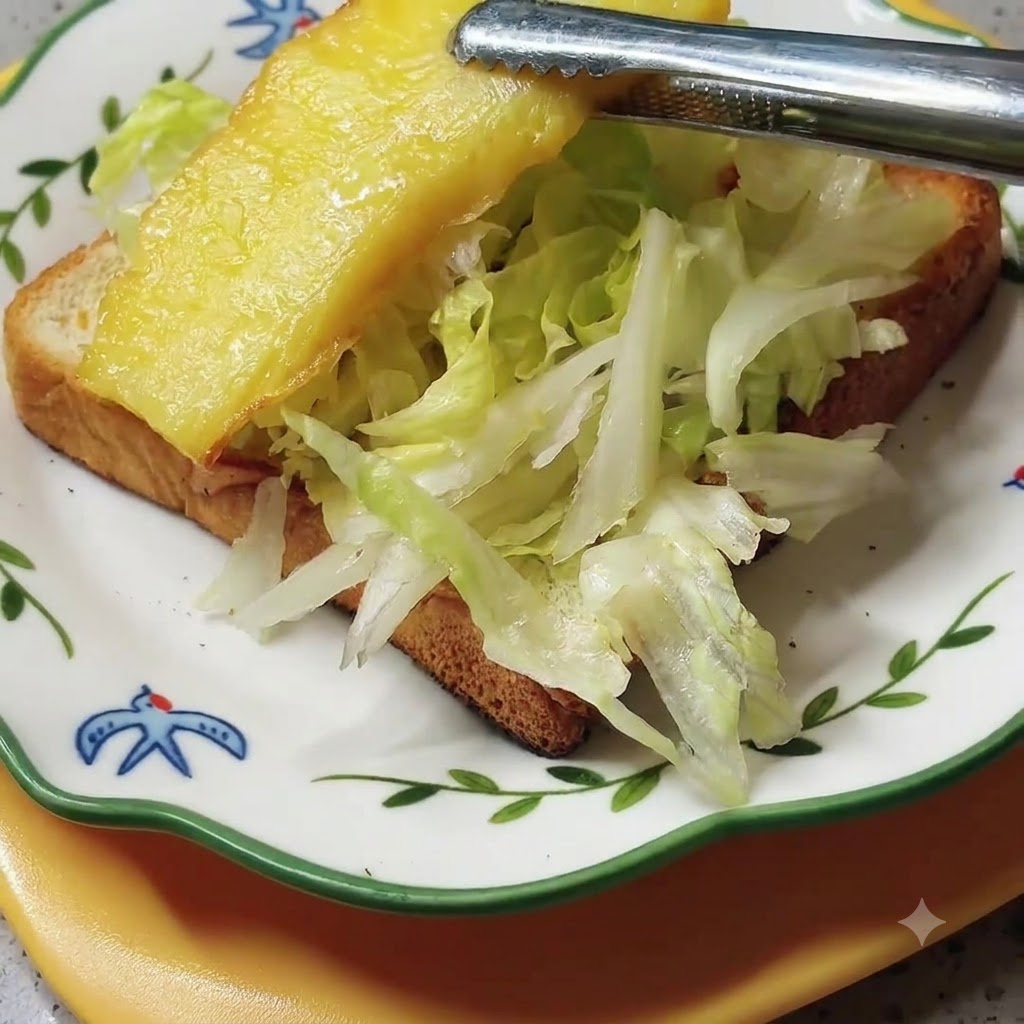 Gegrillte Ananasscheiben werden auf dem Salatbett des Sandwiches drapiert.