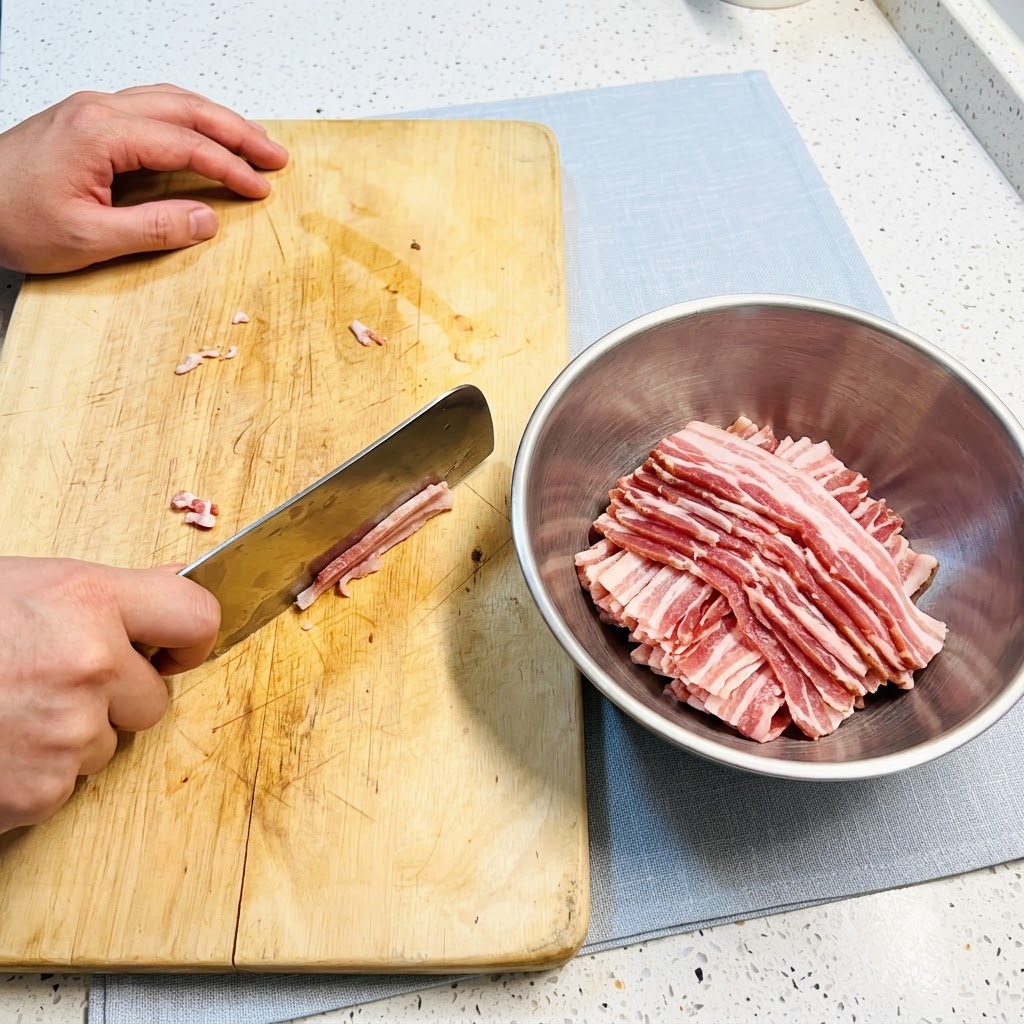 Scheiben von Schweinebauch werden auf einem Holzschneidebrett geschnitten und in eine Metallschüssel gegeben.
