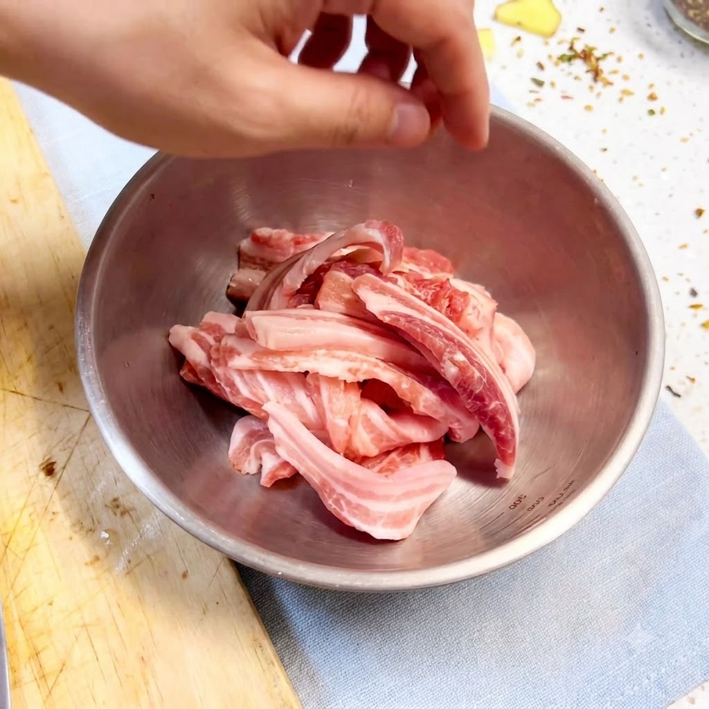 Eine behandschuhte Hand mischt Schweinebauchscheiben mit Gewürzen und Aromaten in einer Metallschüssel.