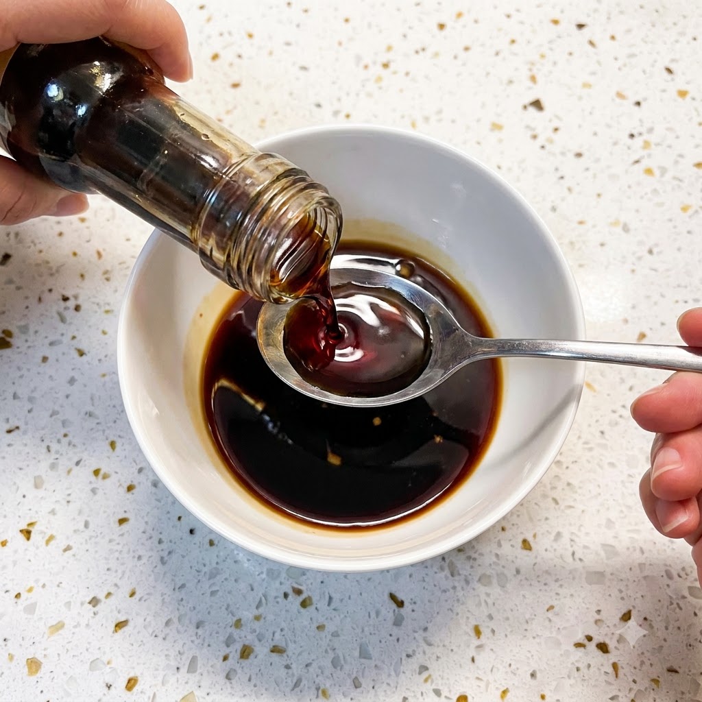 Flüssiges Gewürz wird aus einer Flasche in eine weiße Schüssel mit anderen Saucenzutaten gegossen.