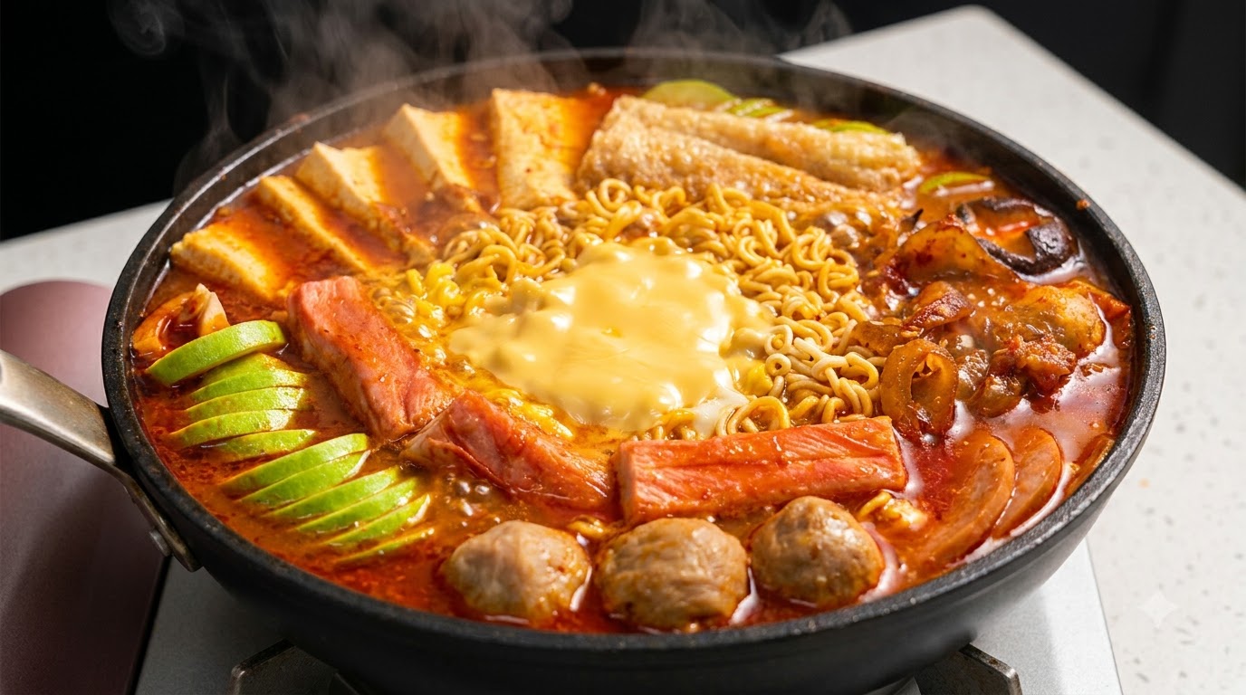 Ein blubbernder Topf mit koreanischem Armee-Eintopf, gefüllt mit Ramen-Nudeln, geschmolzenem Käse, Spam, Tofu und einer kräftigen, scharfen Brühe.