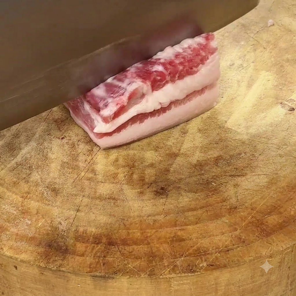 Ein scharfes Küchenbeil schneidet rohen Schweinebauch auf einem Holzbrett in gleichmäßige Stücke.
