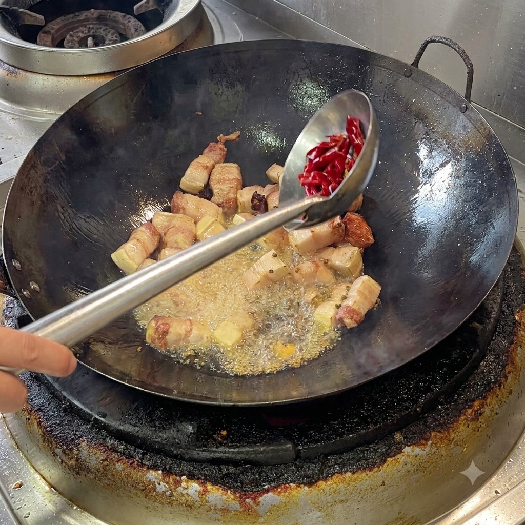 Eine Kelle gibt leuchtend rote getrocknete Chilischoten und Szechuanpfeffer in einen Wok mit anbratendem Schweinebauch.