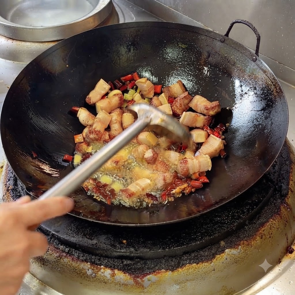 Bohnenpaste und Aromaten werden in einem Wok unter das brutzelnde Schweinefleisch gemischt.
