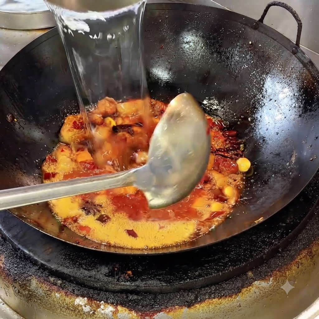 Klare Brühe wird aus einem Behälter in einen Wok voller Schweinebauch und Gewürze gegossen.