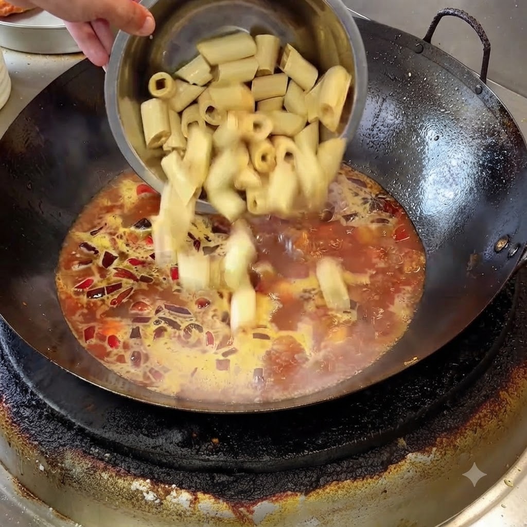 Geschnittene Tofuhautrollen werden aus einer Schüssel in die blubbernde rote Schmorbrühe in einem Wok gegeben.