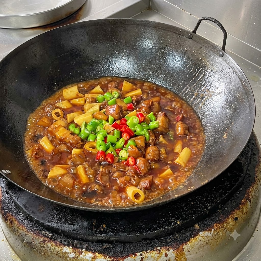 Nahaufnahme von geschmortem Schweinebauch und Tofuhaut in einem Wok, bestreut mit frisch gehackten grünen und roten Thai-Chilis.