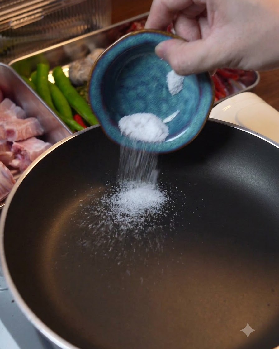 Grüner Sichuan-Pfeffer und Salz werden in einer trockenen Pfanne erhitzt.