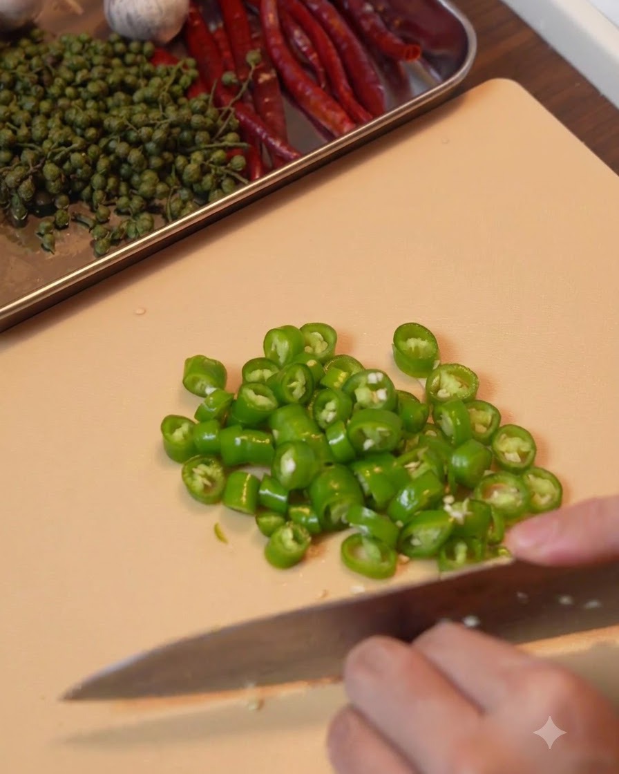 Getrocknete rote Chilis werden in einem Metallsieb abgespült.