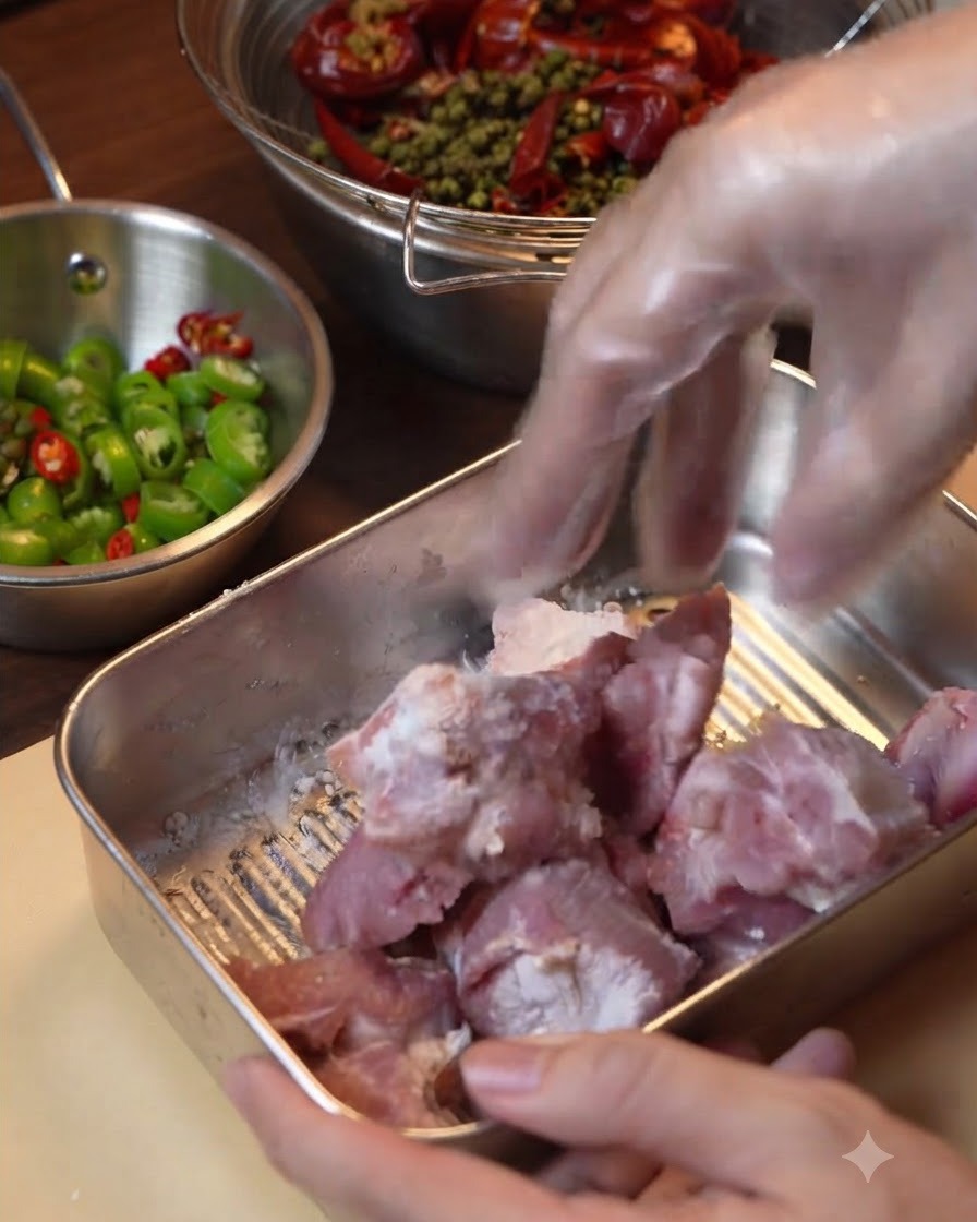 Schweinerippchen frittieren in einem mit heißem Öl gefüllten Wok.