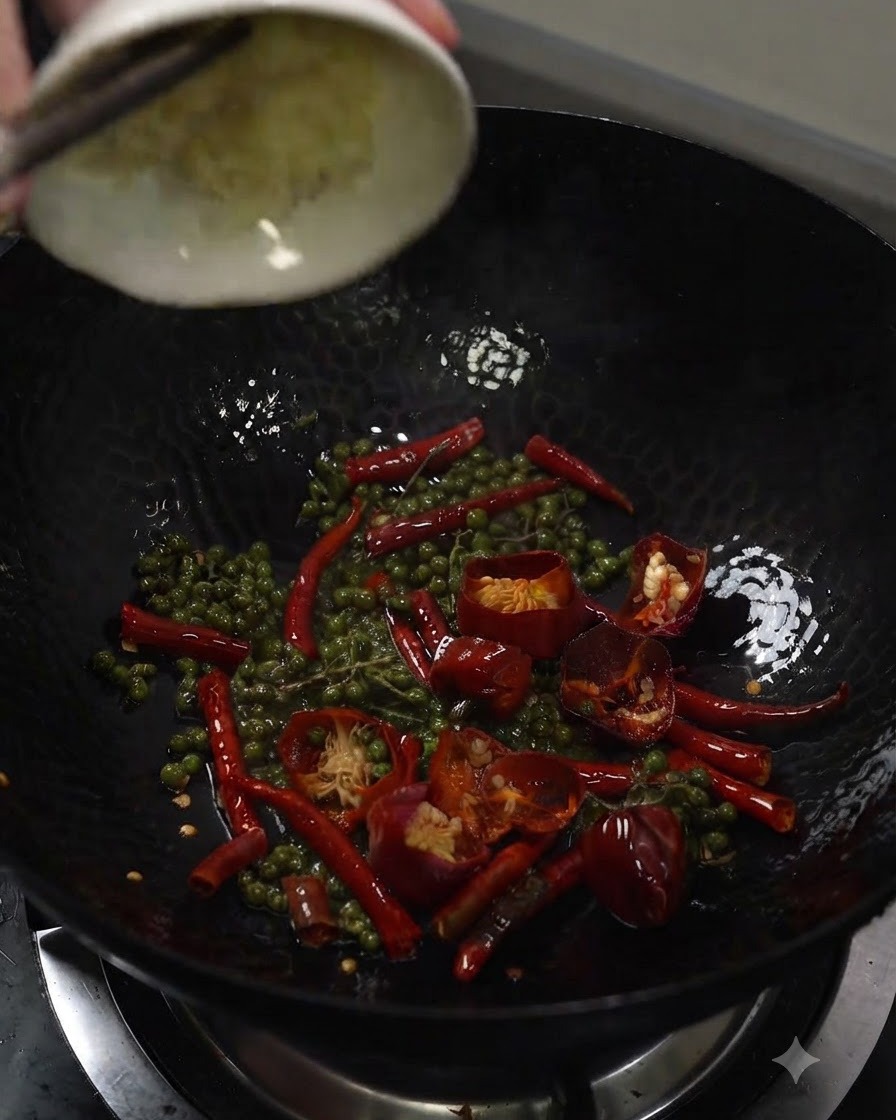 Gehackter Knoblauch wird aus einer kleinen weißen Schüssel in den Wok mit Gewürzen gegeben.