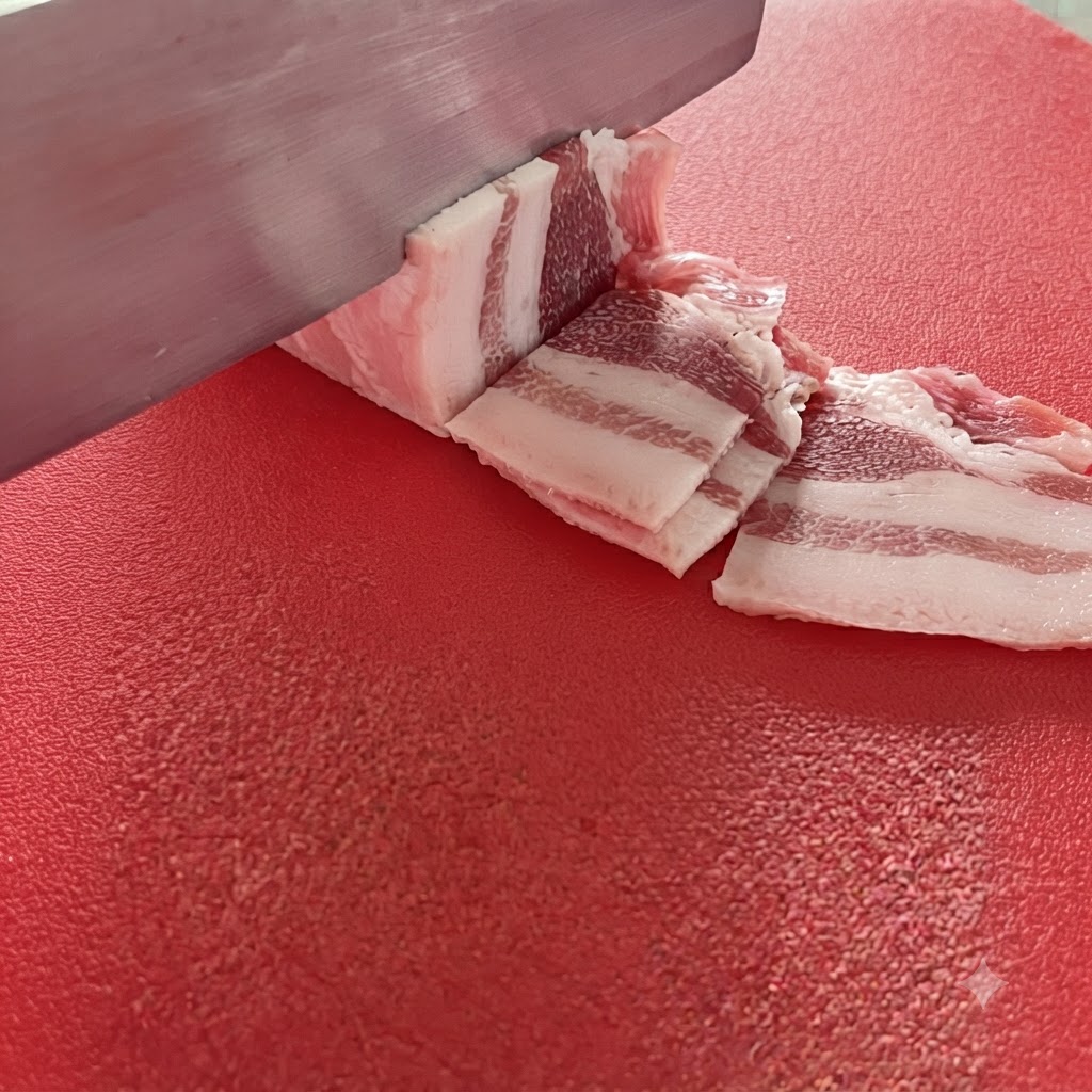 Schweinebauch auf einem roten Schneidebrett in saubere, 1,5 Zentimeter breite Streifen geschnitten.