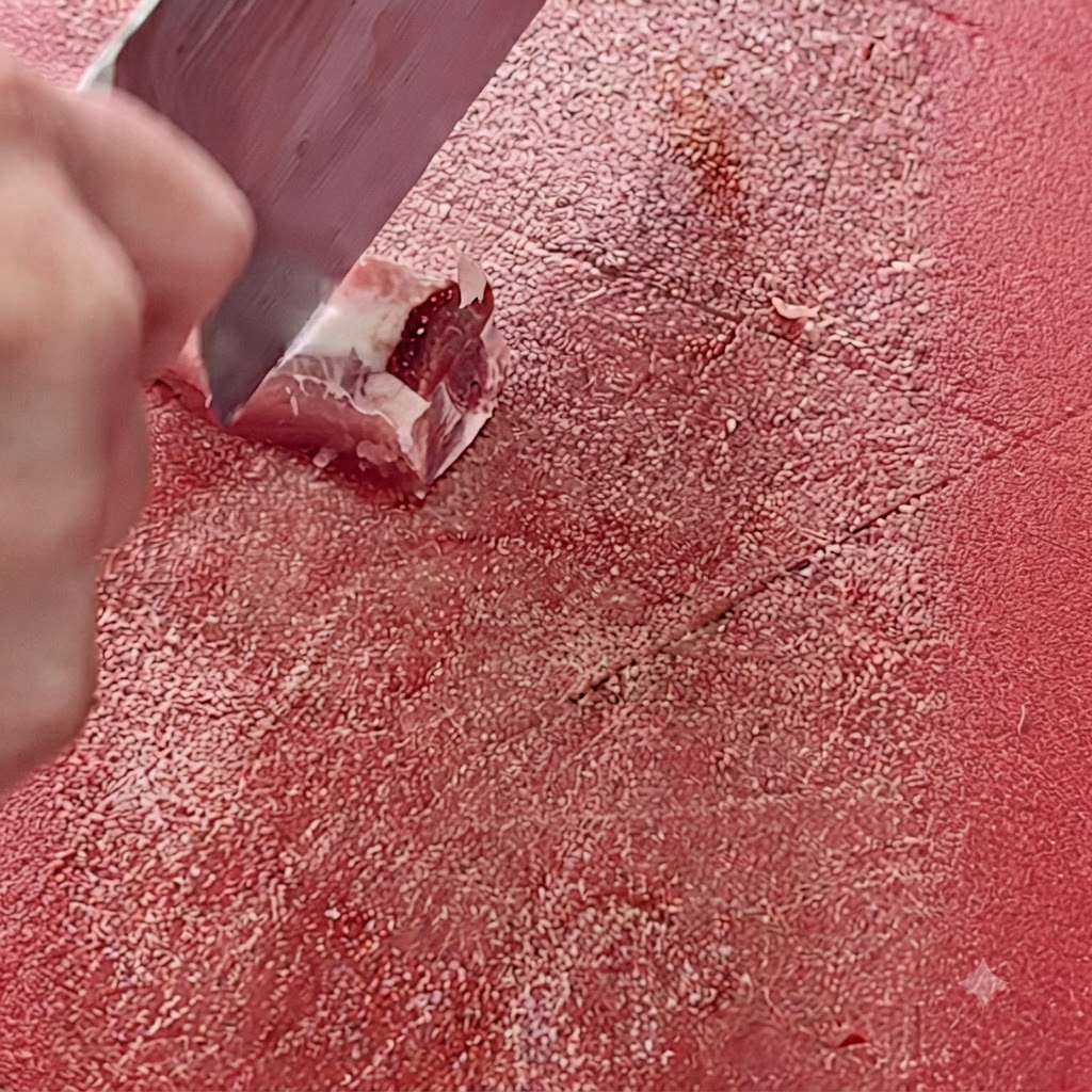Ein Küchenmesser hackt Schweinerippchen auf einer roten Schneideunterlage in kleine Stücke.