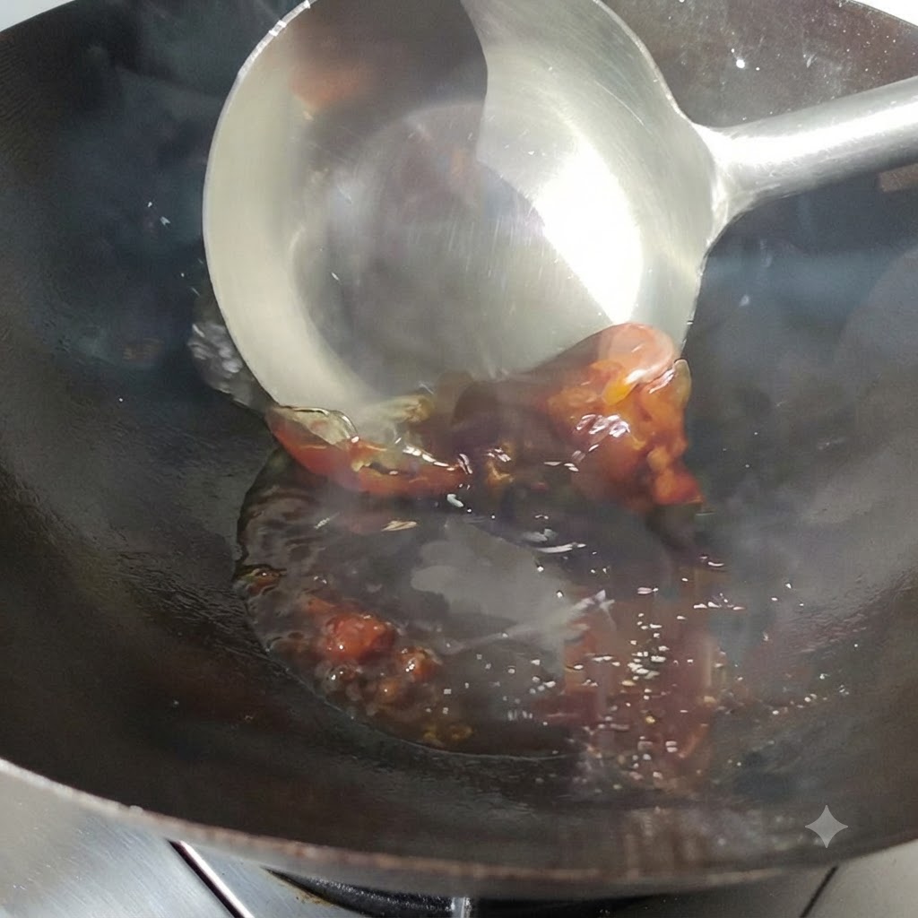 Bohnenpaste brutzelt in heißem Öl in einem Wok und wird mit einer Metallkelle umgerührt.
