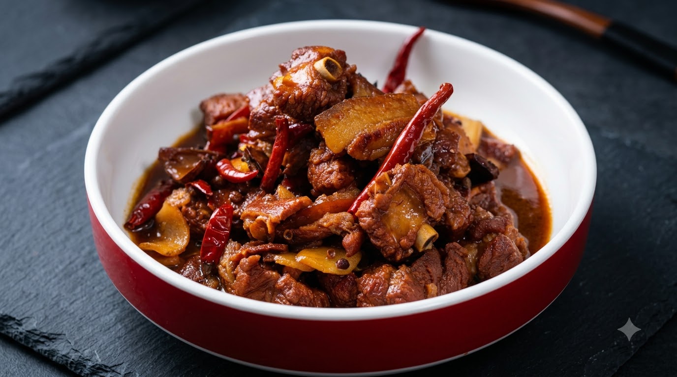 Eine Schale mit trockengebratenen Schweinerippchen und Schweinebauch, überzogen mit einer glänzenden, herzhaften Sauce mit getrockneten Chilis und Ingwer.