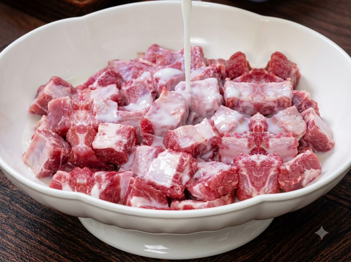 Rohe, in Stücke geschnittene Schweinerippchen in einer weißen Schüssel, bestreut mit Salz und Mehl.