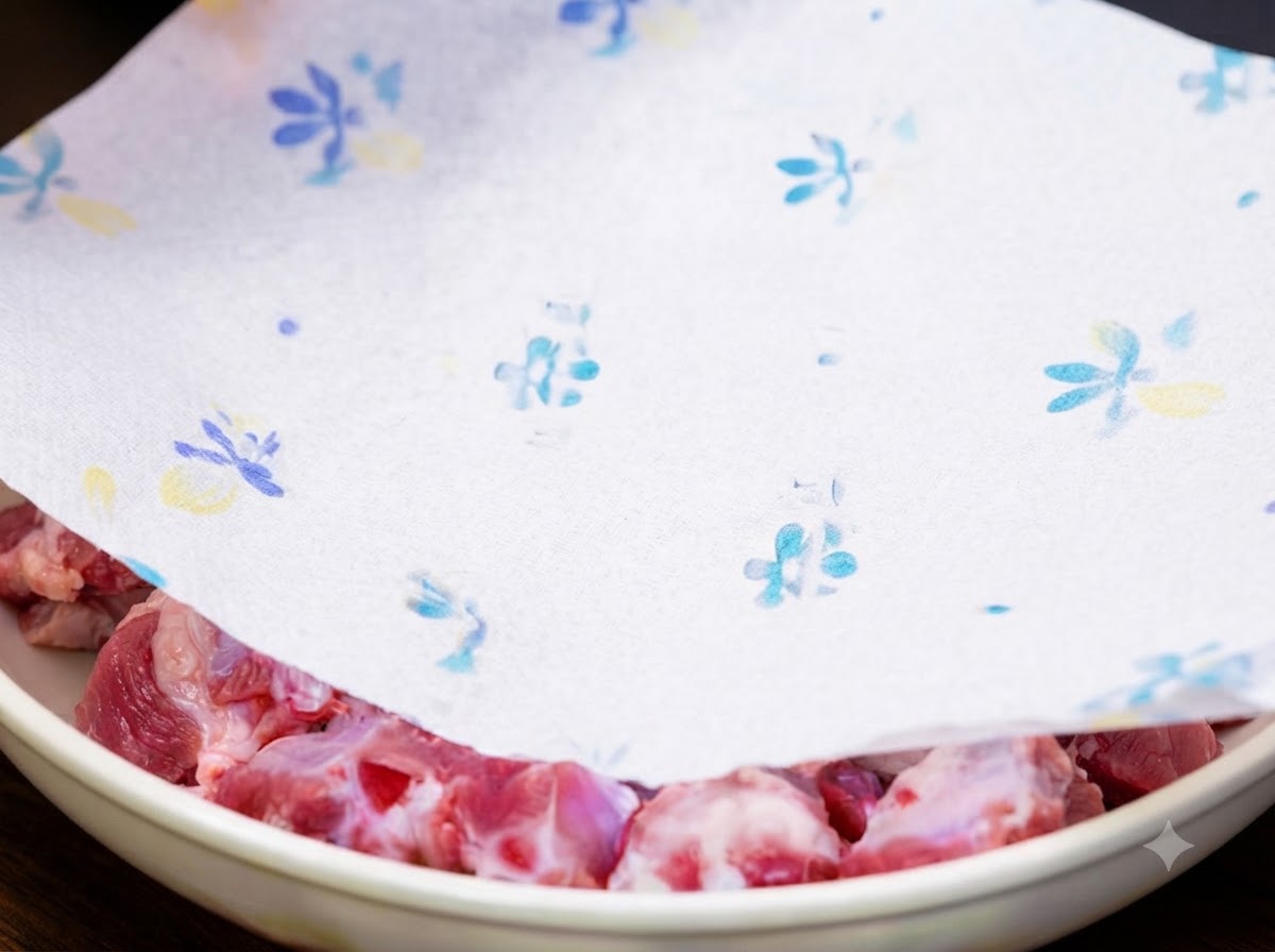 Küchenpapier wird auf die gewaschenen Schweinerippchen gedrückt, um Oberflächenfeuchtigkeit aufzunehmen.