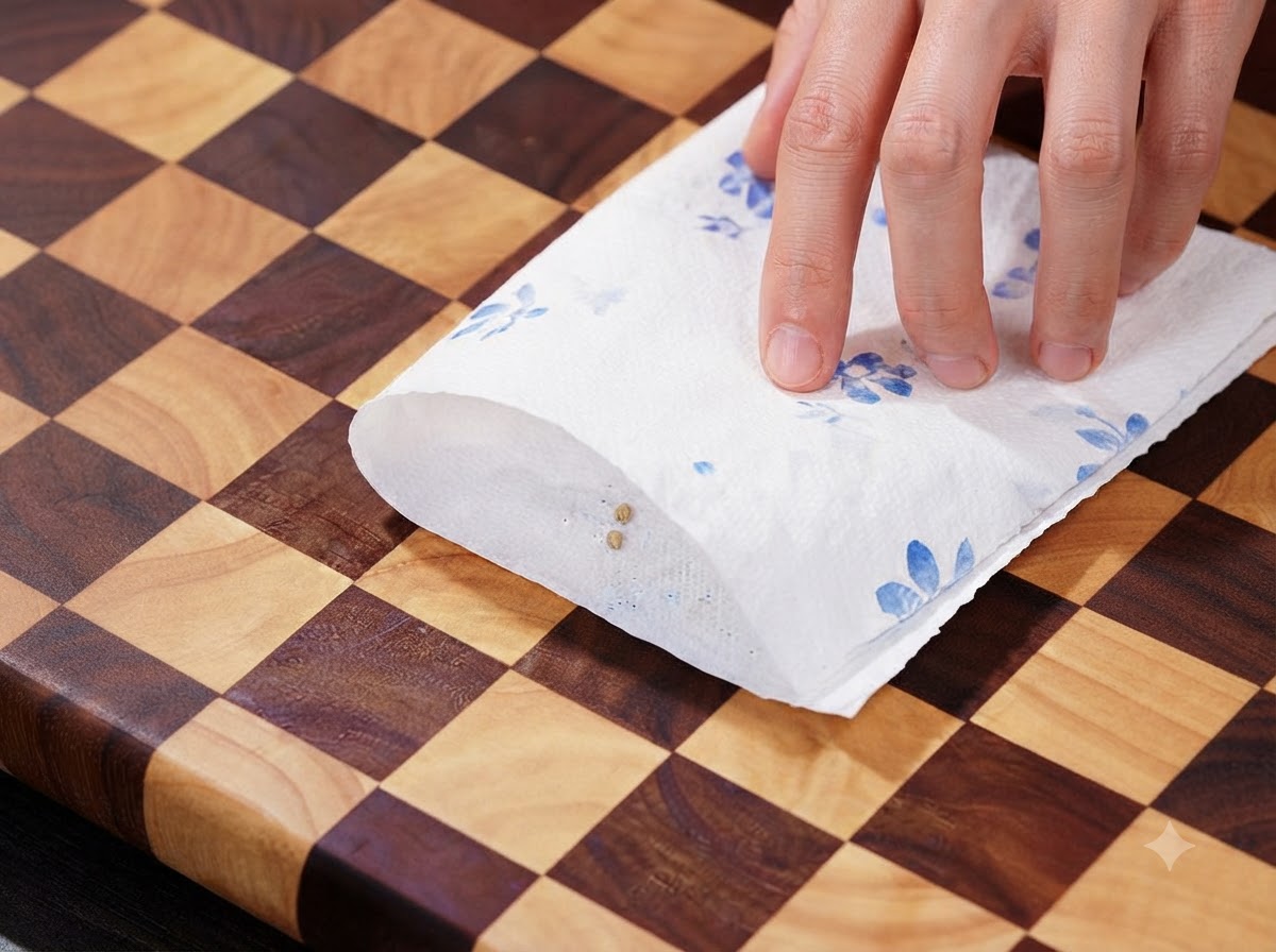 In Küchenpapier eingewickelte weiße Pfefferkörner werden mit dem Messerrücken zerkleinert.