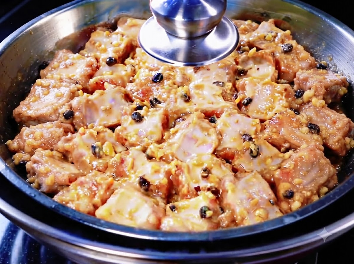 Die Knoblauch-Pfeffer-schwarze-Bohnen-Öl-Mischung wird zu den marinierten Schweinerippchen gegeben.