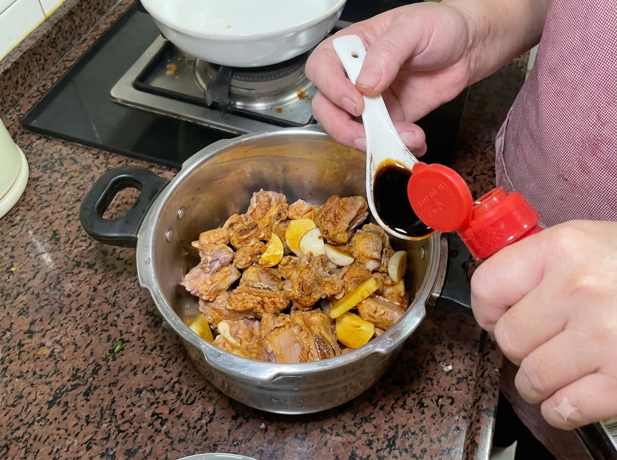 Ein weißer Löffel mit dunkler Sojasauce wird über den gewürzten Rippchen in den Schnellkochtopf entleert.