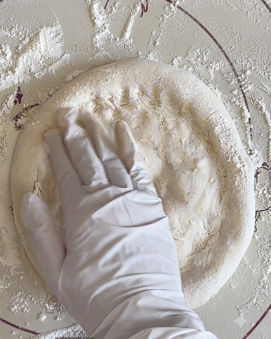 Eine behandschuhte Hand drückt auf ein rundes Stück gegärten Pizzateig auf einer bemehlten Arbeitsfläche.
