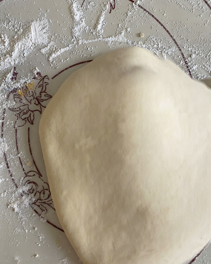 Ein gedehnter, runder Pizzateig ruht auf einer bemehlten Silikonmatte.